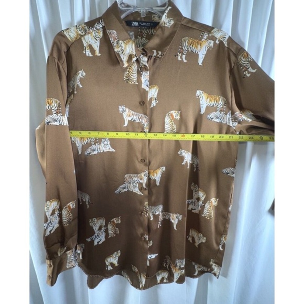 ZARA‎ Tiger Print Long Sleeve Button Down Shirt Women's L Brown Preppy  72-27 - Picture 9 of 15